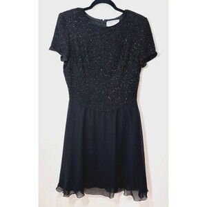 Vintage Papell Boutique Black Beaded Silk Dress 10 Chiffon Ruffles Whimsigoth